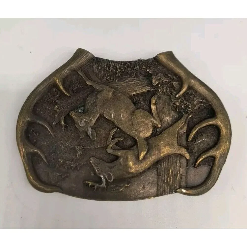 Vintage 1977 Bergamont Brass Works Belt Buckle Jumping Deer White Tail Antlers